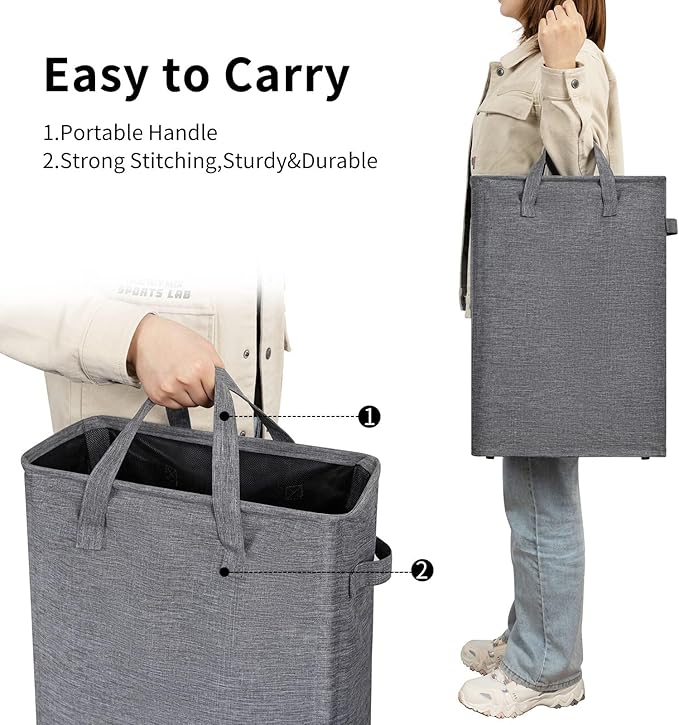 ZERO JET LAG Slim Laundry Hamper With Handles Collapsible Laundry Basket Thin Dirty Clothes Basket Narrow Laundry Bag Foldable Dirty Cloth Hamper 45L (24 inches,Dark Grey)