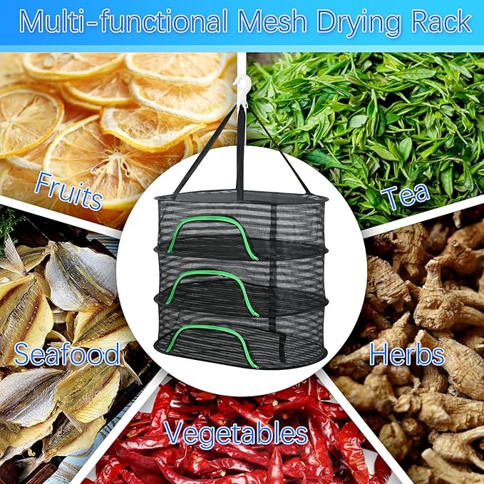 Hanging Drying Rack, Foldable Mesh Drying Net 3 Layers Hanging Dry Basket with Zipper Air Breathable Hang Rack Fish Net for Indoor Outdoor Garden Flower Plants Seeds Fish
