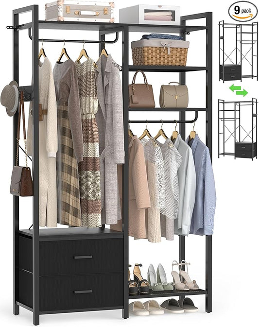78.7'' Clothes Rack for Hanging Clothes - Reversible Clothing Rack with 2 Drawers, Heavy Duty Garment Racks with Shelves, 6 Tiers Freestanding Portable Closet Wardrobe System with Hanging Hooks, Black