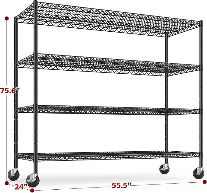 75.6" H Storage Shelves 2500LBS Garage_shelving with Wheels Metal_Shelving Heavy Duty Wire Shelves-Storage Rack Adjustable Pantry Shelf Commercial-Shelving-Kitchen,Garage,55.5''W X 24" D (Pack of 4)