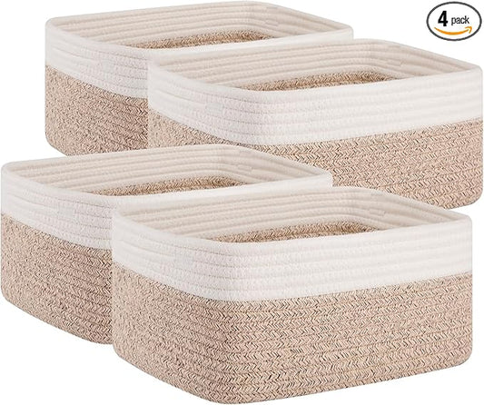 OIAHOMY 4 Pack Storage Baskets for Organizing, Small Bins for Shelves, Cute Decorative Storage Bins, Organizer Baskets for Gifts Empty, 14.2''Lx11''Wx6.3''H, Brown/White