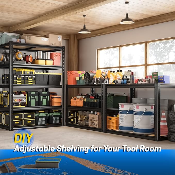 ROOMFAVE 72" H Storage Shelves 5 Tier Garage Shelving Heavy Duty,2050LBS Adjustable Metal Shelving Unit, Garage Shelves for Basement, Warehouse, Pantry, Closet, 72" H x 35.5" W x 16" D, Black,4PCS