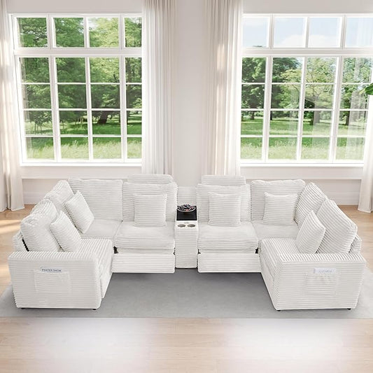 LEVNARY 6-Seat U Shaped Modular Sectional Sofa with Power Recliners, Faux Rabbit Fur Upholstery, Storage Console with Charging Ports & Cup Holders, Living Room Couch Set for Home Office (White)