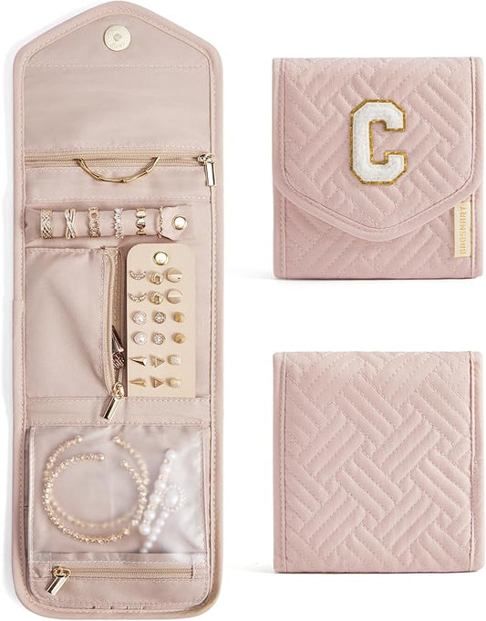 BAGSMART Travel Jewelry Organizer Case C Initial Foldable Jewelry Roll for Journey Rings, Necklaces, Earrings, Bracelets,Mini,Letter C,Soft Pink