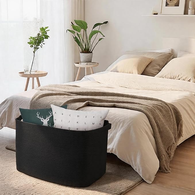 MEGASKET Extra Large Basket for Blankets, 23.6" x 17" x 12" Black Blanket Storage for Living Room, Big Cotton Rope Pillow Holder, Rectangle Kid Dog Toy Bin Box, Woven Laundry Basket, Shoe Bin Entryway