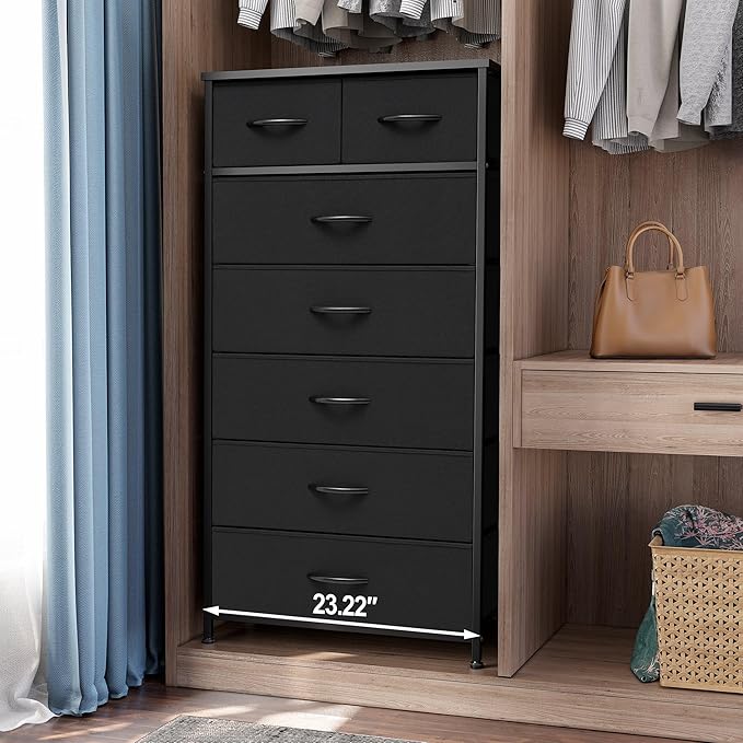 Crestlive Products Vertical Dresser Storage Tower - Sturdy Steel Frame, Wood Top, Easy Pull Fabric Bins, Handles - Organizer Unit for Bedroom, Hallway, Entryway, Closets - 7 Drawers (Black)