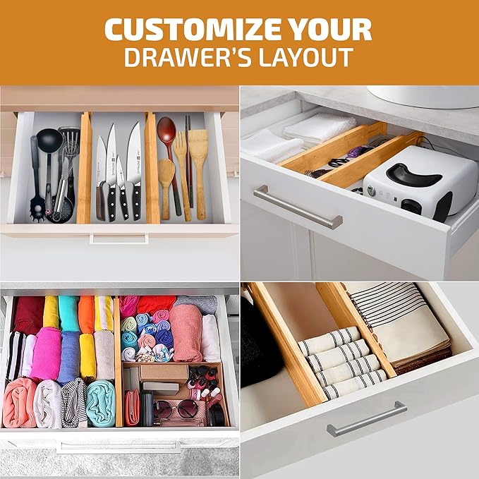 4-Pack Bamboo Drawer Dividers - Fits Drawers 12.2 to 17.3 Inches Deep, 2.6 Inch High, 0.6 Inch Thick, Expandable Drawer Organizers Separators for Clothes, Dresser, Bedroom, Kitchen, Bathroom, Office