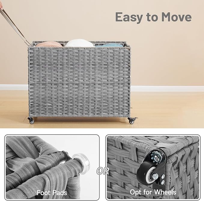 Laundry Hamper with Wheels, 52.8 Gallon(200L) Rolling Laundry Basket with Lid, 3-Section Rattan Clothes Hamper with 3 Removable Liner & 3 Mesh Bags, Laundry Sorter with Side Pocket, Grey