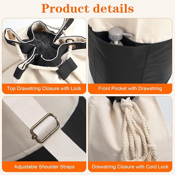 NAHADS Black single-shoulder backpack-style laundry bag made of durable canvas material with a drawstring closure design, suitable for use at university, camping, laundromats, and apartments.