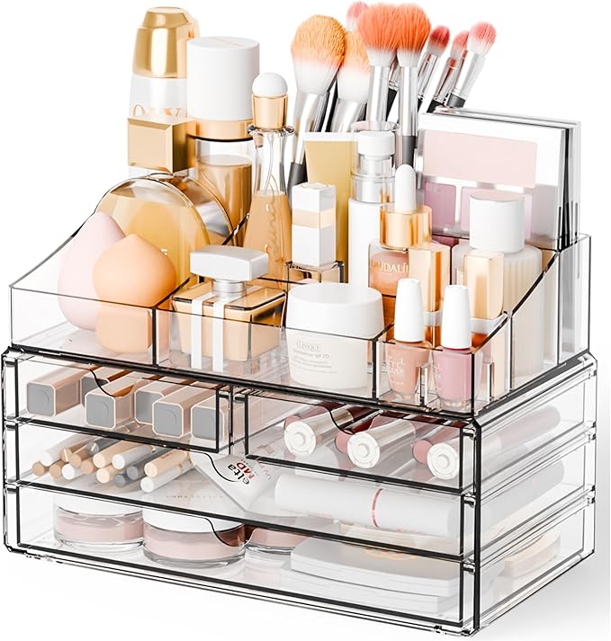 Yieach Acrylic Make up Organizers for Counter,Desk and Vanity,2 Pack Stackable Bathroom Counter Organizer with Drawers,Large Clear Makeup Organizers and Storage for Skincare,Cosmetic,Beauty Products