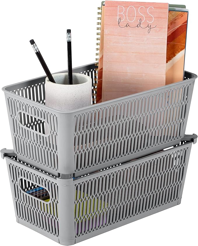 Simplify 2Pk Small Slide 2 Stack It Tote Basket | Storage & Organization | Open Bins with Stackable Capability | Bathroom | Crafts | Pantry | Playroom | Office | Grey