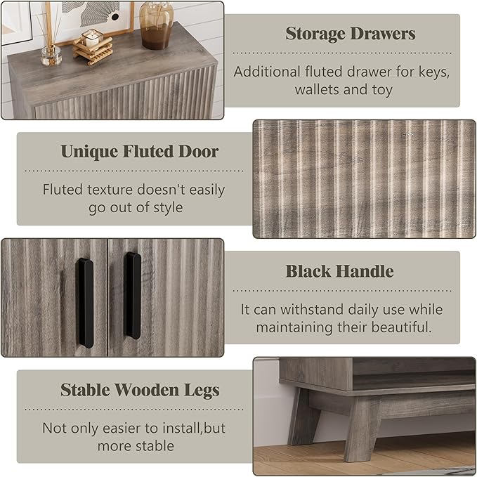HUANLEGO Shoe Cabinet Storage for Entryway, 4 Tier Fluted Shoe Storage Cabinet with 2 Drawers, Narrow Hidden Shoe Organizer with Adjustable Shelves, Freestanding Shoe Rack for Entryway, Hallway, Grey