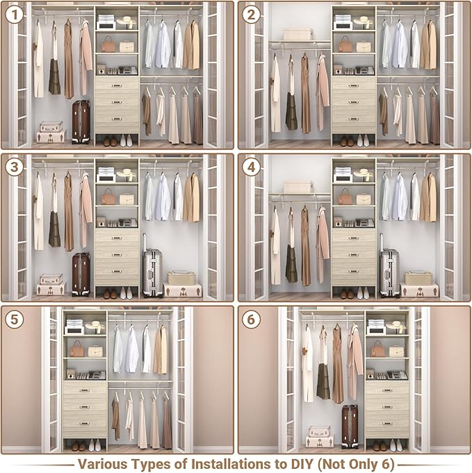 Besiost Closet System with Drawer - 8FT Wood Closet Organizer System with 3 Hanging Rods and Shelving Tower, 96" Walk In Closet Organizer Wardrobe, Heavy Duty Garment Rack Clothes Rack, White Oak