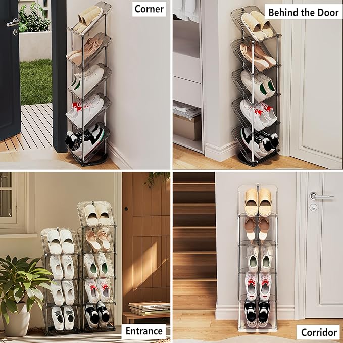 Patinao 2 Pack Sloping Narrow Shoe Rack 5 Tiers - Free Standing Vertical Shoes Racks for Small Spaces and Corner, Shoe Storage Organizer for Entryway, Tall Slim Shoe Shelf Cabinet for Shoes and Boots
