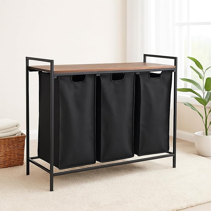 Relaxdays sorter with 3 Removable Laundry Bags, with Shelf, HWD 72x92.5x33 cm, Metal Basket, Brown/Black, Iron, Fibreboard, Polyester, 72 x 92.5 x 33 cm