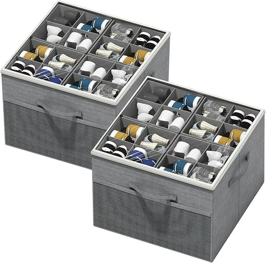 Aokeyee Shoe Organizer for Closet,2 Pack Foldable Shoe Storage Organizer Box Bin with Adjustable Dividers and Clear Cover, Fits up to 16-32 Pairs