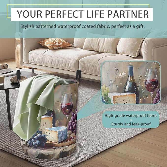 Laundry Hamper Foldable Oxford Cloth Wine Grapes Laundry Basket With Handle Portable Clothes Storage Organizer Basket Storage Bag For Laundry Room/Bedroom/Bathroom