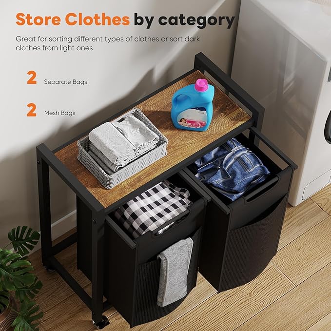 DUMOS Laundry Sorter 2 Section, 2 × 13.1Gal (99L) Rolling Laundry Basket with Pull-Out Removable Bags & Movable Wheels,Clothes Separator Hamper Cart for Laundry Room, Bathroom and Bedroom Organizer