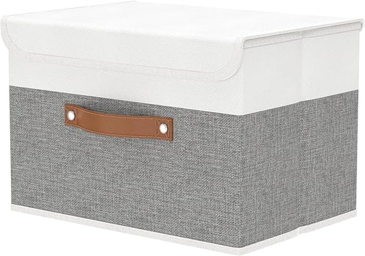 OUTBROS Large Fabric Storage Box with Lids, Foldable Linen Wardrobe Containers, Organiser For Towels, Clothes, 17.7 x 11.8 x 11.8 inch (White/Grey, 1-Pack)