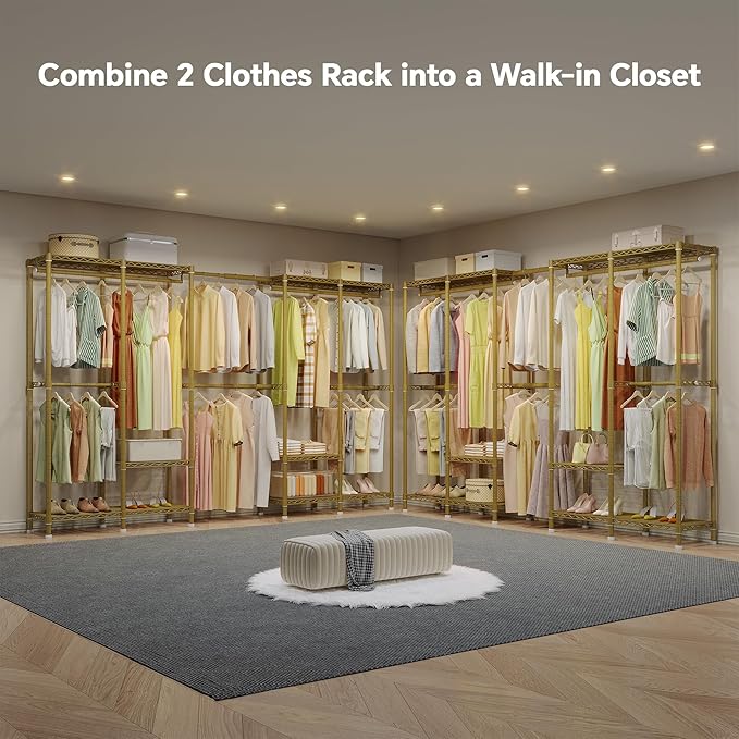 Higeego H5 Pro Heavy Duty Clothes Rack Wardrobe Closet for Hanging Clothes, Freestanding Garment Rack with Expandable Hanger Rods, Closet Organizer and Storage, (97.7-115.4")L x 15.7"W x 75.4"H, Gold