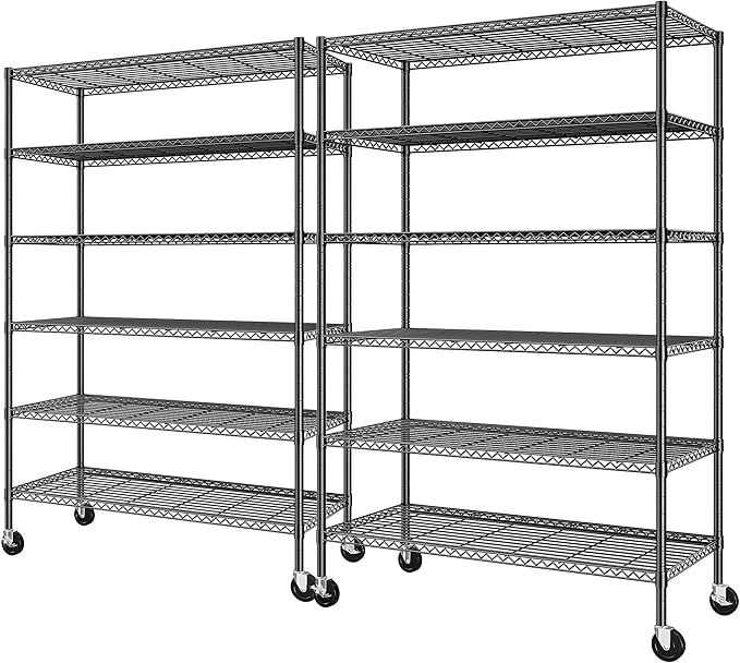 Romorgniz 82" H X45 W X18 D Storage Shelves with Wheels, 6 Tier Wire Shelving Adjustable Metal Shelving Pantry Shelves Capacity 2100LBS for Garage Shelving, Pantry, Kitchen, Closet, Black,2P