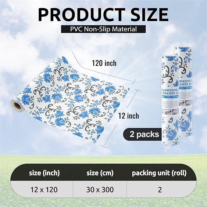 FIFTY FEET 12X120 Inch Shelf Liner for Kitchen Cabinets, PVC Drawer Liner for Dresser Non-Slip Bathroom, Non-Adhesive Cabinet Liner Washable (Blue Floral)(2 Roll)
