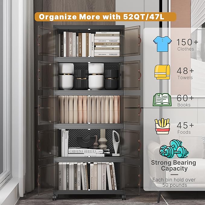UAMFURI Extra Large Stackable Storage Bins with Lids & Wheels, Foldable Collapsible Closet Organizers Dark Storage Cabinet with Doors for Bedroom Dorm