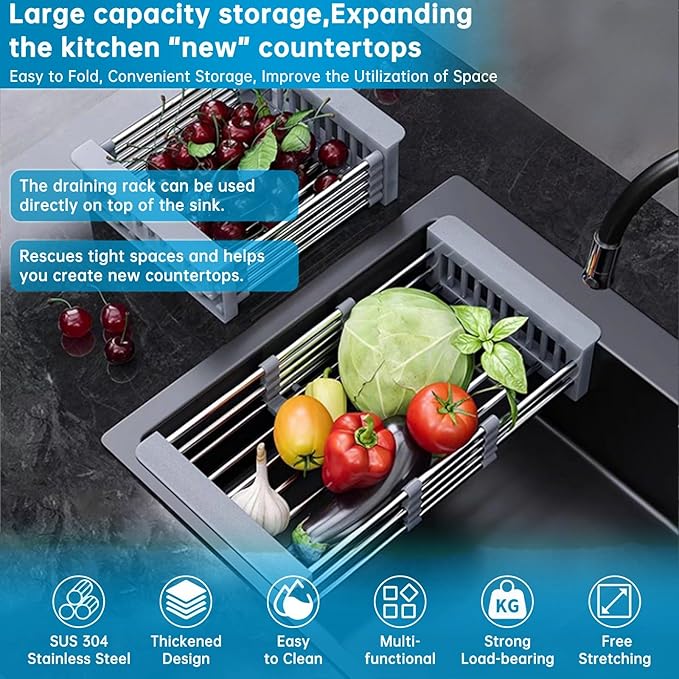 Over The Sink Dish Drying Rack, Stainless Steel Expandable Telescopic Drain Basket with Adjustable Arms - Functional Kitchen Sink Organizer for Dishes, Vegetables & Fruits (Large, Grey)