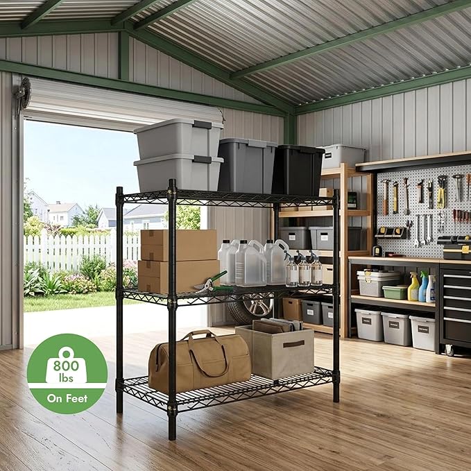 APLSS 18" D x 48" W x 34" H Black Heavy Duty Wire Shelving with 3 Tier Shelves, NSF Certified, Height Adjustable, Wet&Dry Environments, for Kitchen Garage Walk-in Cooler&Freezer, 800lbs Capacity