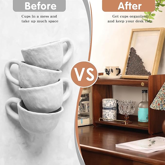 Coffee Mug Holder Wooden Cup Rack Mug Display Shelf Coffee Cup Holder for Countertop with 2 Tier Wood Coffee Mugs Holder for Kitchen Coffee Cup Storage