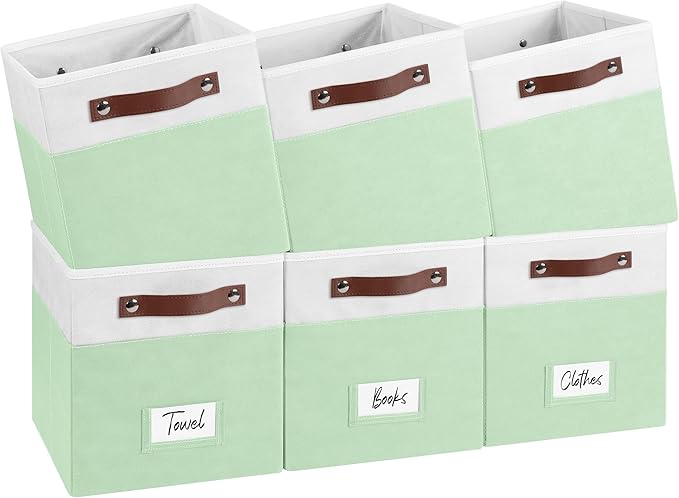 FinishingBo 6-Pack Storage Cubes with Handles & Label Holders Basket, Closet Cube Home Organizer Bins(White/Green, 10.5*10.5*11 inch)