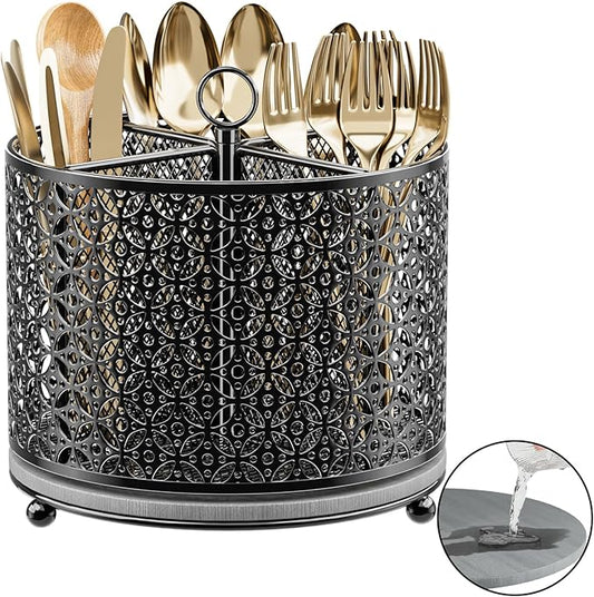 OVICAR 360° Rotating Utensil Holder Caddy - Fast-Drying Silverware Flatware Organizer - 4 Compartment Large Cutlery Holder with Handle For Kitchen Countertop Party Office Picnic Table Black