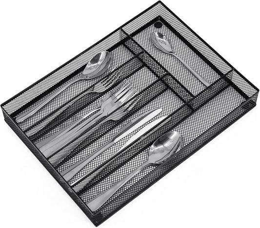 Neudeco Silverware Drawer Organizer Holder, Cutlery Tray Silverware Flatware Storage Divider for Kitchen, Bedroom, Living Room,Mesh Wire with Non-slip foam Feet, 5 Compoment（Black）