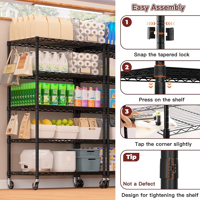 PrimeZone Wire Shelving Unit with Wheels, 5 Tier Adjustable NSF Certified Heavy Duty Metal Storage Shelves, Pantry Organizer Shelf Rolling Bakers Rack for Closet Garage, 24" W x 18" D x 75" H, Black
