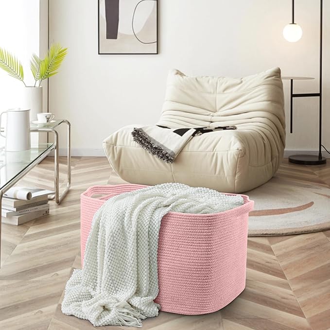 MEGASKET Extra Large Pink Storage Basket, 23.6" x 17" x 12" Rectangle Blanket Basket Living Room, Woven Cotton Rope Basket, Toy Basket Bins, Pink Baskets for Decor, Wicker Baby Laundry Basket