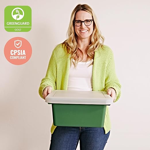 ECR4Kids Stackable Square Bins with Non-Snap Lids, Multipurpose Organization, Hunter Green, 4-Pack