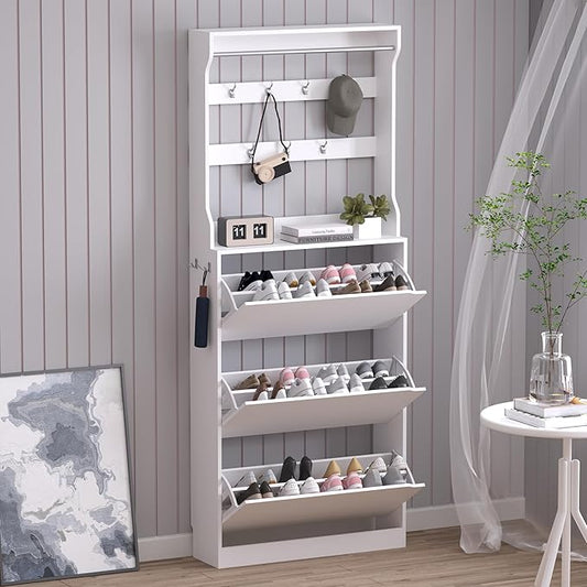 BORNOON Shoe Cabinet with 3 Flip Drawers & Coat Rack, Narrow Hidden Shoe Storage Cabinet, 2-in-1 Hall Tree Slim Freestanding Shoe Rack Organizer for Entryway, Hallway, and Living Room