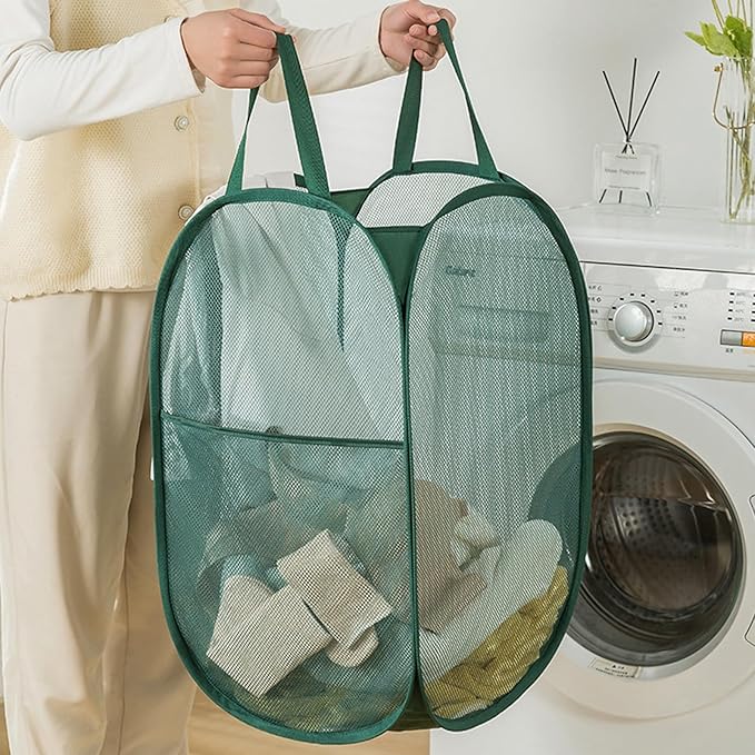 Pop Up Laundry Basket, Collapsible Mesh Laundry Hamper, Vertical Popup Hamper for Laundry, Spacing Saving Storage Basket for Bedroom, Hotel, Cruise, Green