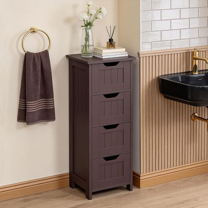 SUPER DEAL Small Bathroom Storage Cabinet with 4 Drawers, Freestanding Narrow Wooden Side Storage Organizer for Bathroom Hallway Living Room, Brown