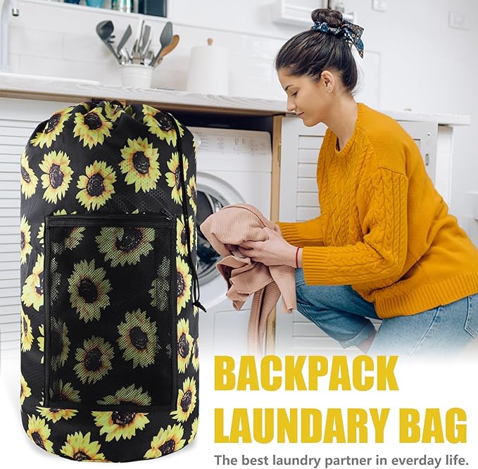 Olosar Laundry Bag Backpack, Extra Large Travel Laundry Bag with Mesh Pocket & Adjustable Shoulder Straps,Dirty Clothes Travel Bag for College Students Dorm,Apartment(Sunflower)