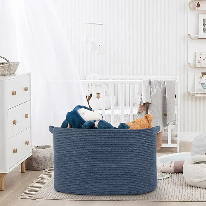 MEGASKET Extra Large Rectangle Storage Basket, 23.6" x 17" x 12" Dark Blue Blanket Storage for Living Room, Large Woven Cotton Rope Storage Box, Soft Kids Toy Basket Organizer Bin, Big Wicker Basket