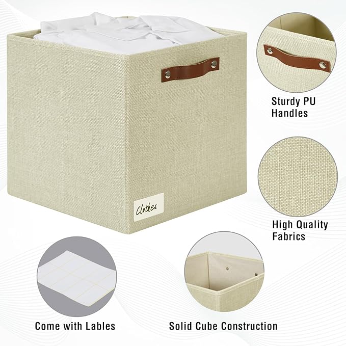 Bagnizer Collapsible Fabric Storage Cube Bins with 2 Reinforced PU Handles, Foldable Storage Organizer Baskets for Closet, Shelves, Living Room | 13"x13"x13", 4 Pack, Full Beige