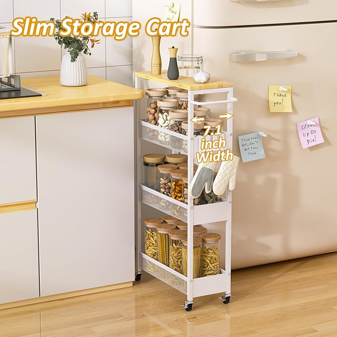 Vincona Slim Storage Cart on Wheels, 4 Tier Metal Narrow Rolling Cart with Handle and Wood Top, Multifunctional Small Mobile Shelf Unit Organizer Trolley for Laundry, Bathroom, Kitchen