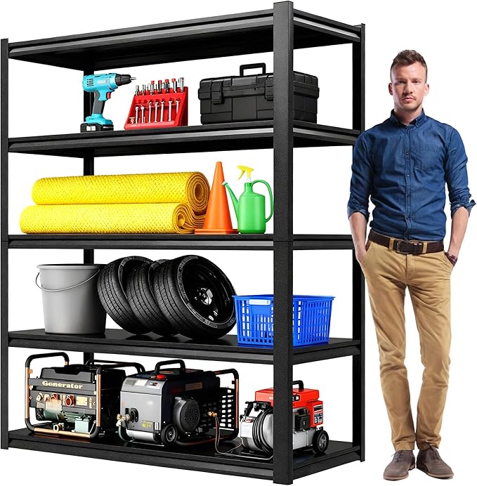 45''W*20''D Garage Shelving Heavy Duty Garage Storage Shelves, 3000 LBS Adjustable 5 Tier Industrial Shelving Unit, Metal Utility Shelf for Basement, Warehouse and Workshop (78''Hx45''Wx20''D, Black)