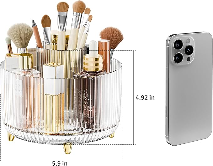 Clear Rotating Makeup Organizer Countertop for Vanity, 360° Makeup Brush Holder Organizer with 5 Compartments, Transparent Cosmetic Storage for Lipstick, Skincare, Bathroom Counter(Transparent)