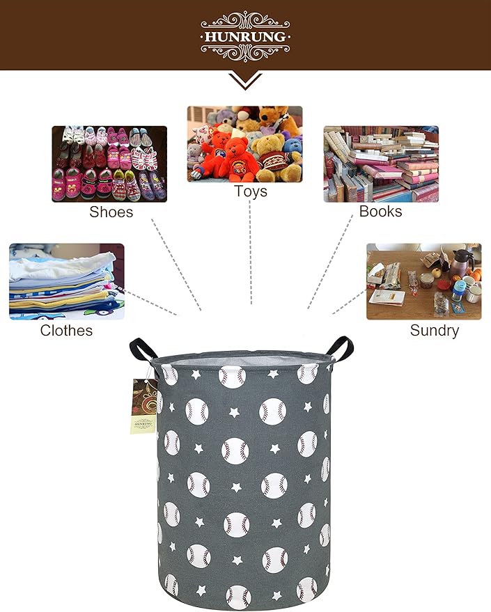HUNRUNG Collapsible Fabric Storage Basket, Waterproof Laundry Hamper with Handles, Round Storage Bin for Clothes Toys, Foldable Organizer for Bedroom Nursery Bathroom(Round-Grey Baseball)