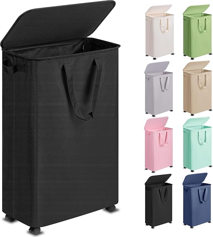 Vincona Slim Laundry Hamper with Lid and Wheels, Small Rolling Laundry Basket with Handle for Small Spaces, Tall Dirty Clothes Hampers for Dorm, Bathroom and Bedroom, 75L Black