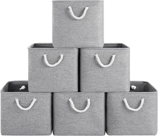 ECDYQXVU 13x13 Inch Cube Storage Bins with Reinforced Bottom Cardboard, 6 Pack Large Foldable Fabric Storage Cubes with Handles for Shelf, Closet, Laundry Organization (Grey)
