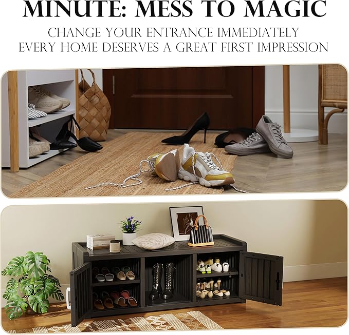 EasyUp Shoe Bench Waterproof,Resin Shoe Cabinet,Outdoor Storage,Industrial Hallway Bench with Adjustable Shelves for Entryway,Living Room,Bedroom(Deep Black,Two-Door)