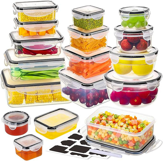 34 PCS Food Storage Container with Lid (17 Lids & 17 Containers) - Reusable Plastic Food Containers for Kitchen Storage and Organization BPA-Free Leakproof Meal Prep Container with Labels & Pen